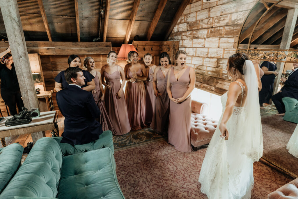 brides first look with bridesmaids at valley view farm